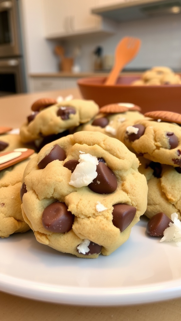 A delicious plate of almond joy cookies with chocolate and almonds on a rustic kitchen table.